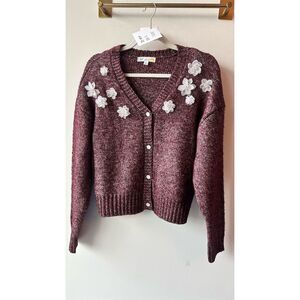 C&C California burgundy Wine 3D Floral Cardigan Sweater Size S